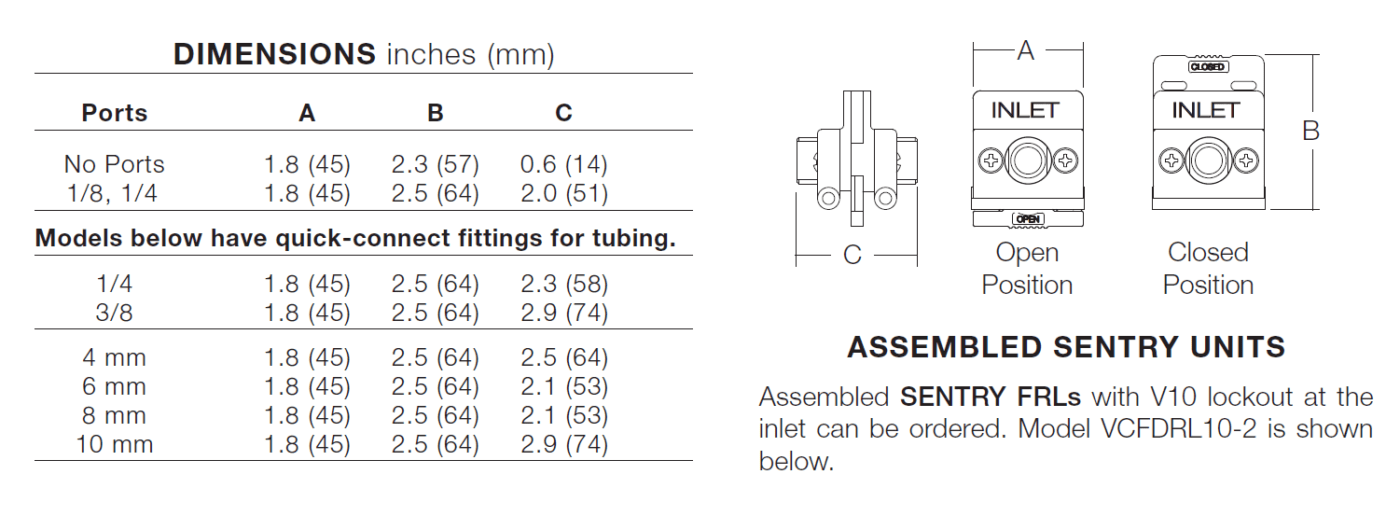 Master Pneumatic - V10 Sentry Slide 1-8, 1-4 and Tube Fittings-Dimensions