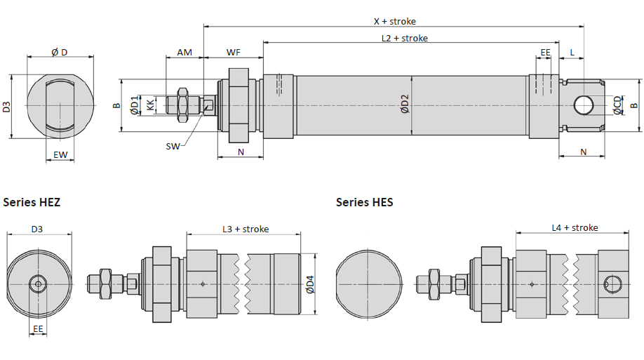 AIRTEC - Series HE-Single Acting, ISO 6432-dimensions