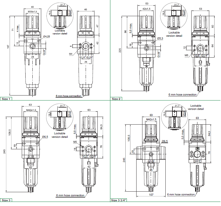 PNEUMAX - ชุดกรองลม (FILTER REGULATORS) - Dimensions