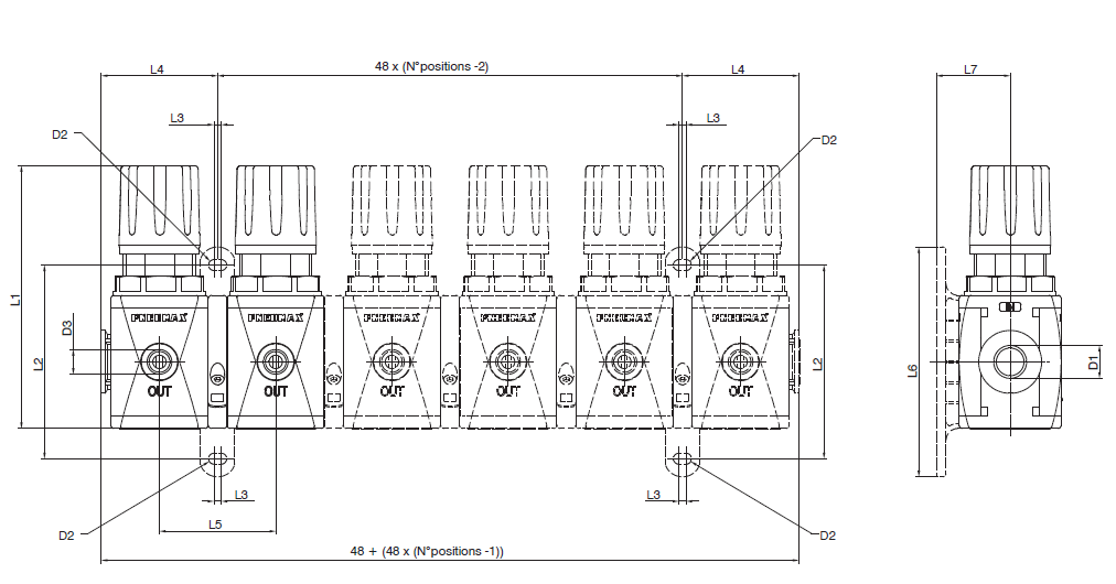 PNEUMAX - ตัวควบคุมแรงดัน (MANIFOLD PRESSURE REGULATORS) - dimensions