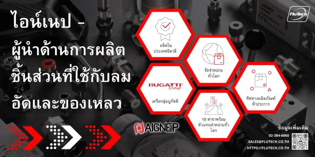 ไอน์เนป - ผู้นำด้านการผลิตชิ้นส่วนที่ใช้กับลมอัดและของเหลว - Aignep Pneumatic Fittings, Connectors, Quick Couplings, FRLs, Solenoid Valves, Actuators, and so on - Flu-Tech Thailand flutech.co.th