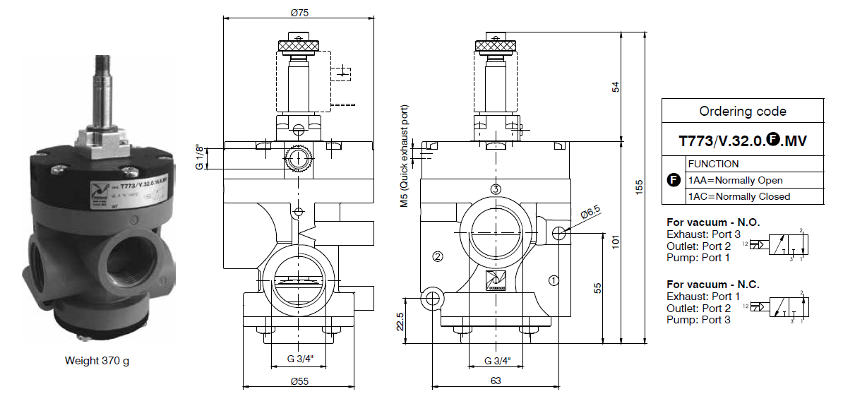 PNEUMAX - SOLENOID-SPRING-SELF FEEDING – T773-V.32.0MV-Dimensions