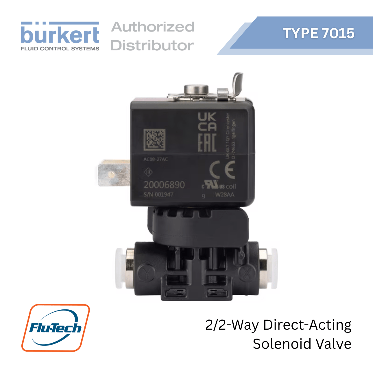 Burkert Thailand Type 7015 2/2-Way Direct-Acting Solenoid Valve with PPS housing for food, beverage, and steam applications.