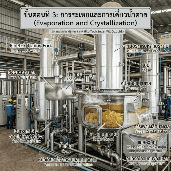 ขั้นตอนที่ 3: การระเหยและการเคี่ยวน้ำตาล (Evaporation and Crystallization) - Flutech Thailand